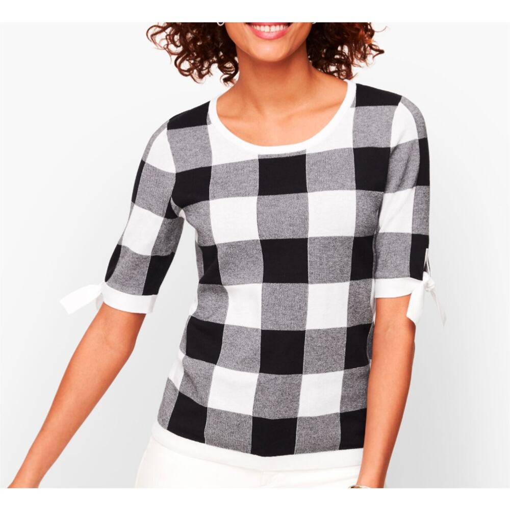 Talbots Tie Sleeve Gingham Sweater sz Medium petite $49